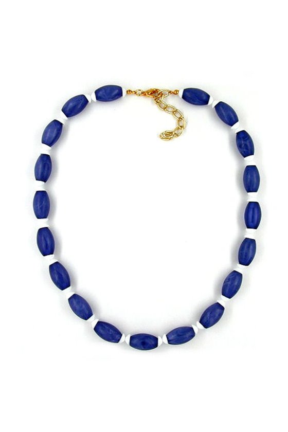 NECKLACE OLIVE SHAPED BEADS BLUE/ WHITE