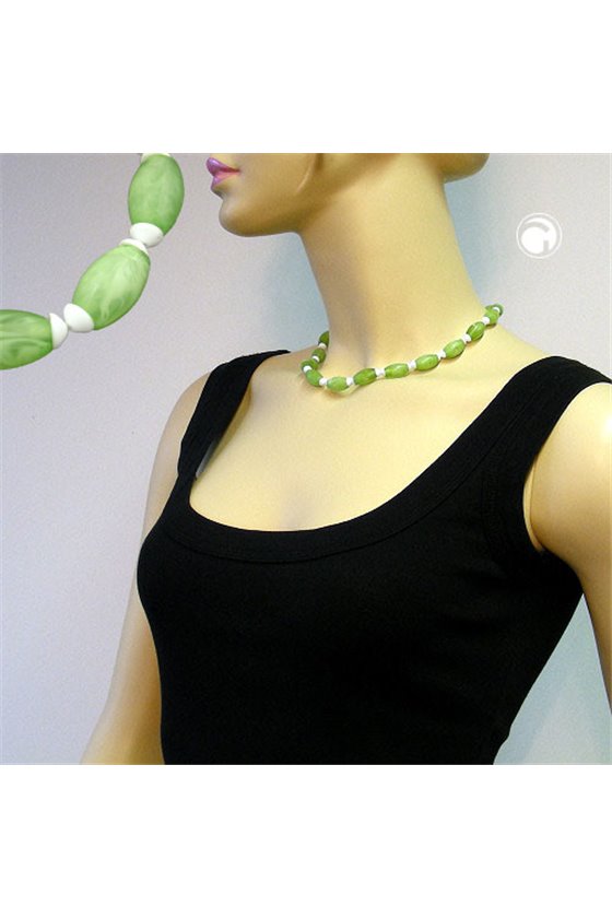 NECKLACE OLIVE SHAPED BEADS GREEN/ WHITE