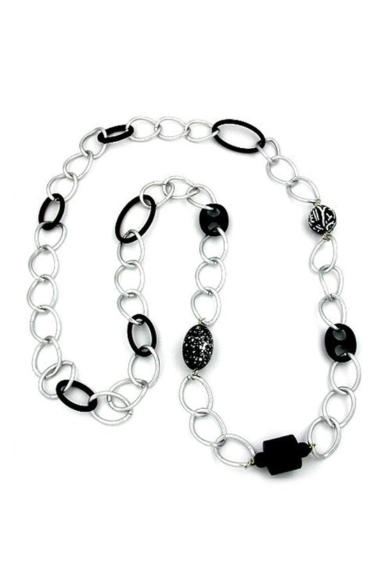 NECKLACE WIDE CURB CHAIN BLACK PEARL 90CM