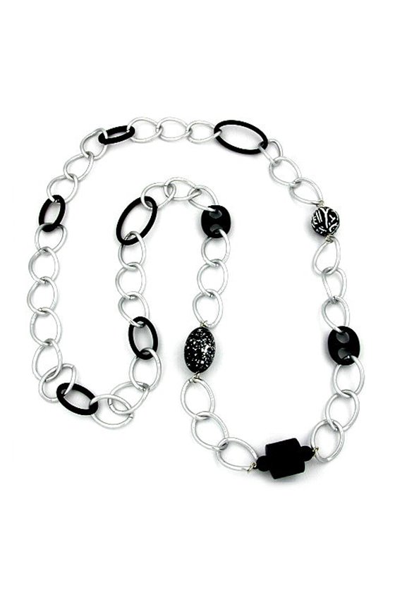 NECKLACE WIDE CURB CHAIN BLACK PEARL 90CM