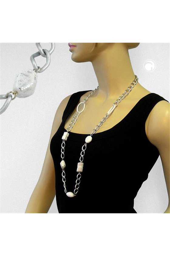 NECKLACE WIDE CURB CHAIN WHITE PEARL 90CM