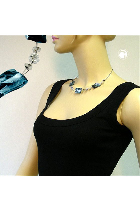 NECKLACE STEEL-BLUE AND WHITE BEADS ON COATED FLEXIBLE WIRE 45CM