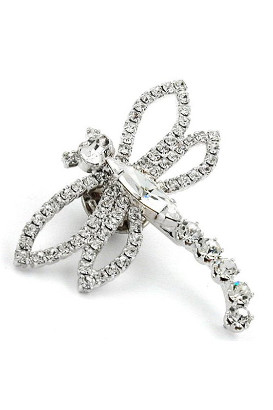 CLUTCH PIN BROOCH RHINESTONE DRAGONFLY CRYSTAL SILVER