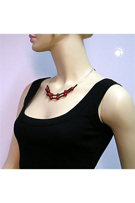 NECKLACE RED BLACK BEADS ON COATED FLEXIBLE WIRE