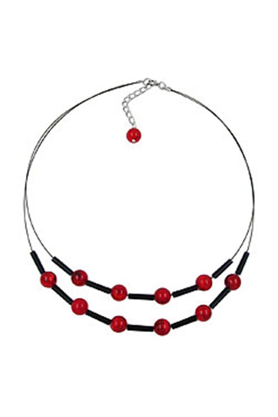 NECKLACE RED BLACK BEADS ON COATED FLEXIBLE WIRE