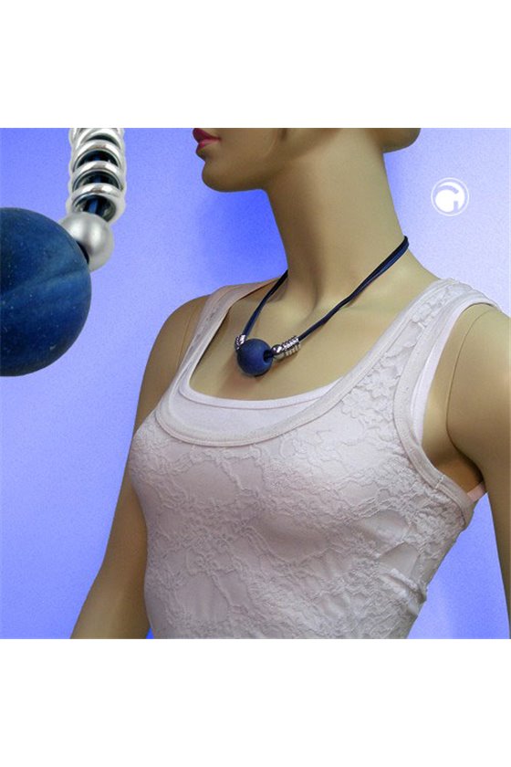NECKLACE BEADS BLUE-MATTE & CHROME 50CM
