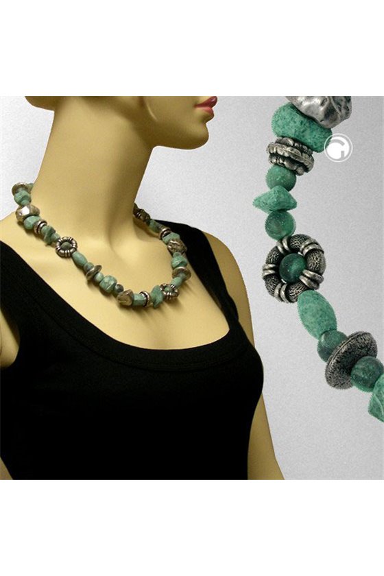 NECKLACE BEADS TURQUOISE & GREY 60CM