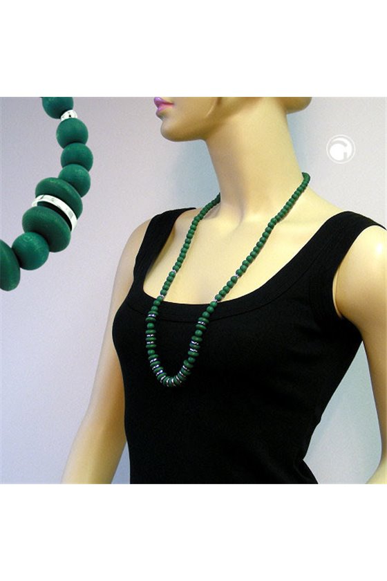 NECKLACE WOODEN BEADS GREEN MATTE 80CM