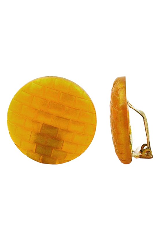 CLIP-ON EARRING ROUND YELLOW ORANGE CHEQUER PATTERNED 28MM