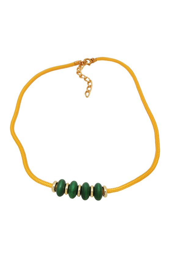 NECKLACE GREEN WOODEN BEADS YELLOW CORD