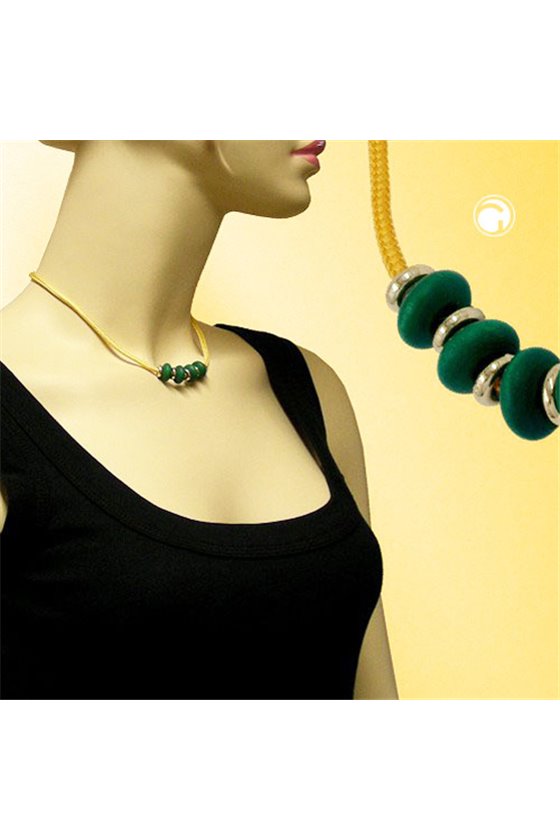 NECKLACE GREEN WOODEN BEADS YELLOW CORD