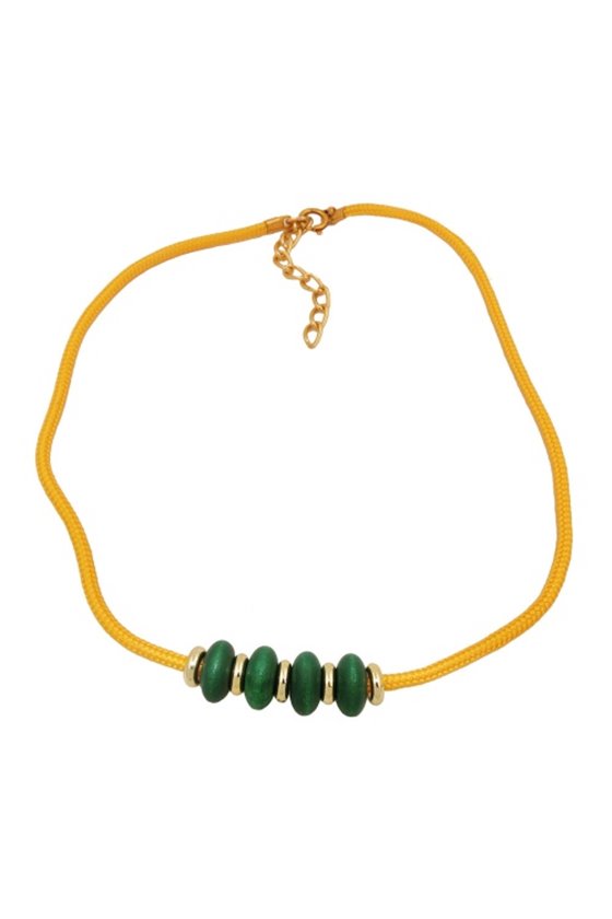 NECKLACE GREEN WOODEN BEADS YELLOW CORD