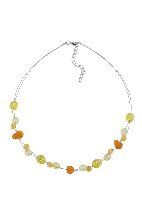 NECKLACE YELLOW AND ORANGE GLASS BEADS ON COATED FLEXIBLE WIRE