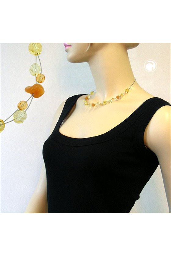 NECKLACE YELLOW AND ORANGE GLASS BEADS ON COATED FLEXIBLE WIRE