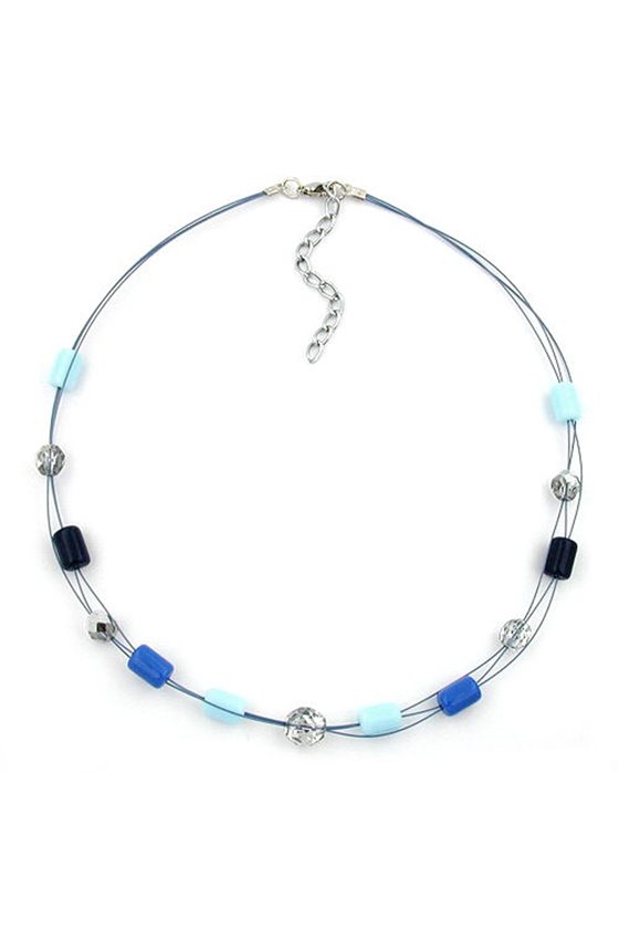 NECKLACE BLUE AND CRYSTAL GLASS BEADS ON COATED FLEXIBLE WIRE