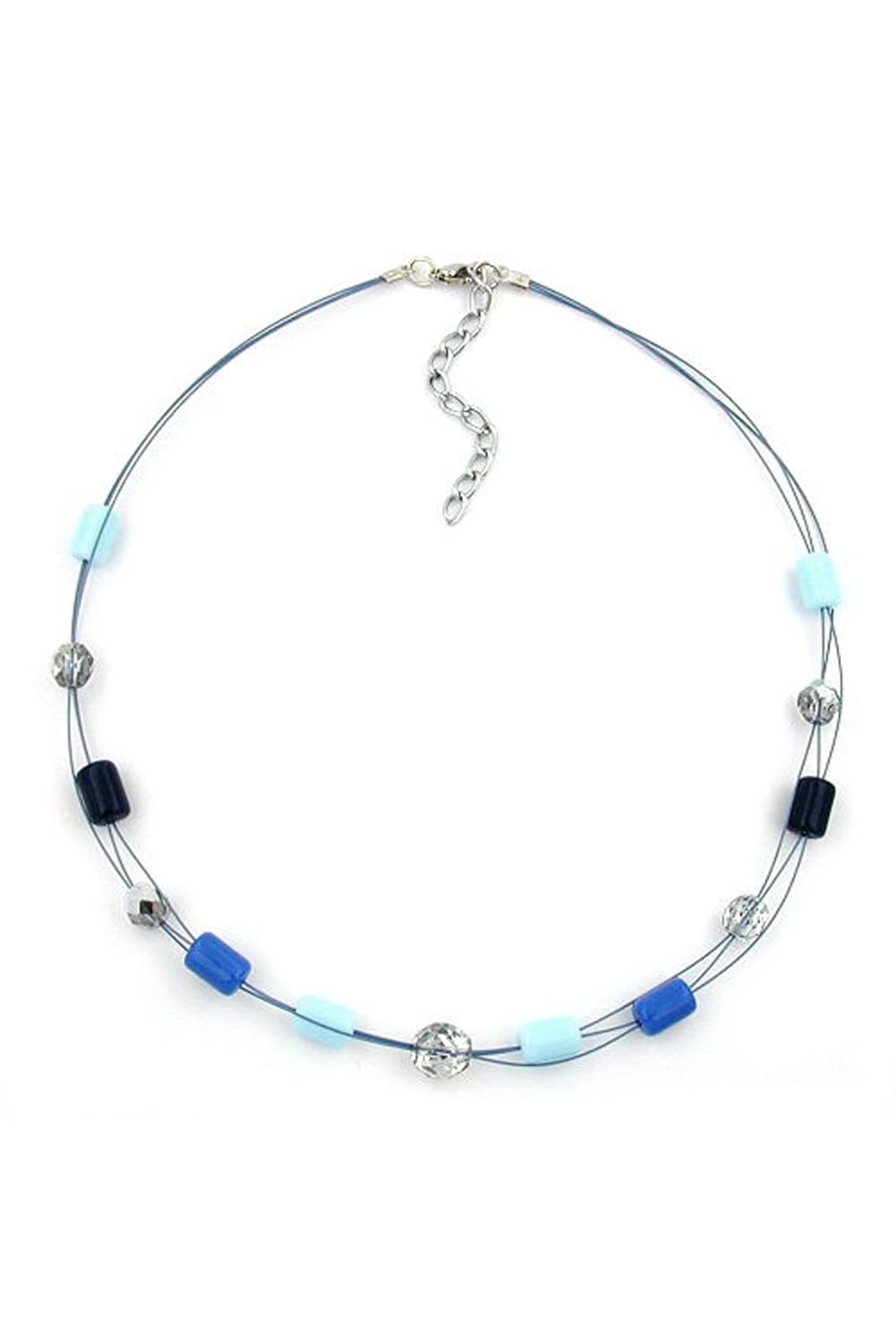 NECKLACE BLUE AND CRYSTAL GLASS BEADS ON COATED FLEXIBLE WIRE