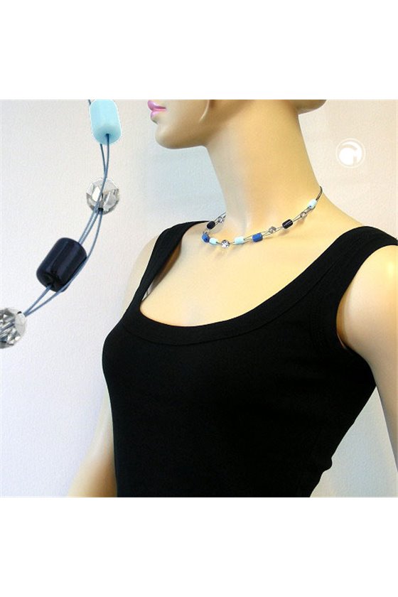 NECKLACE BLUE AND CRYSTAL GLASS BEADS ON COATED FLEXIBLE WIRE
