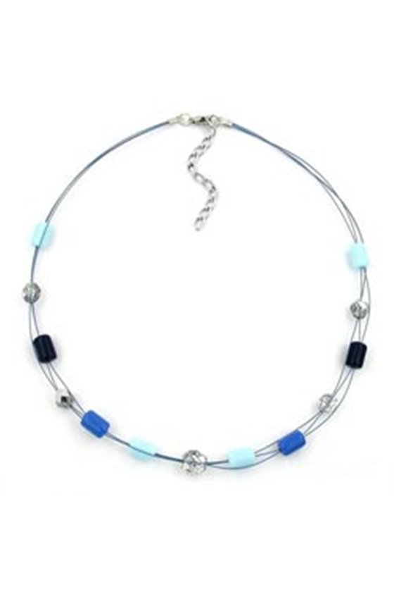 NECKLACE BLUE AND CRYSTAL GLASS BEADS ON COATED FLEXIBLE WIRE