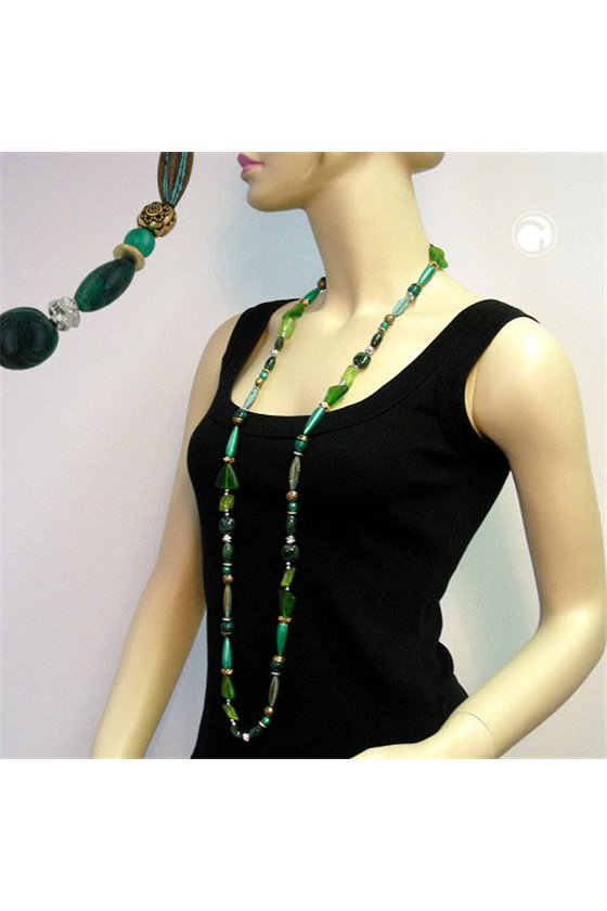 NECKLACE BEADS SILK-GREEN-PATINA 120CM
