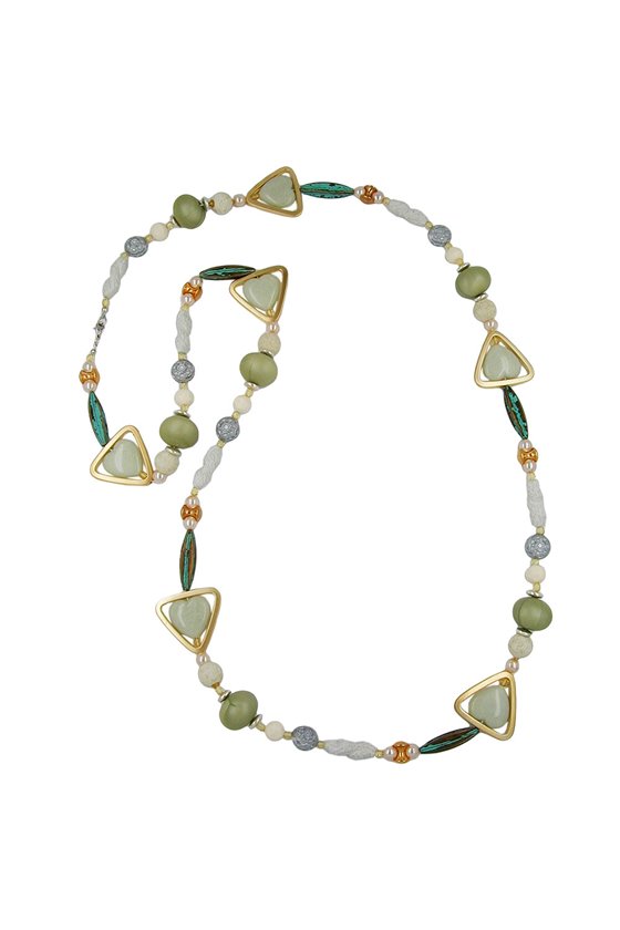 NECKLACE BEADS GREEN-PATINA-GOLD 110CM