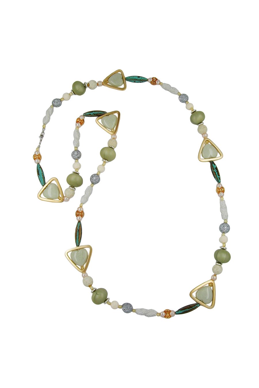 NECKLACE BEADS GREEN-PATINA-GOLD 110CM