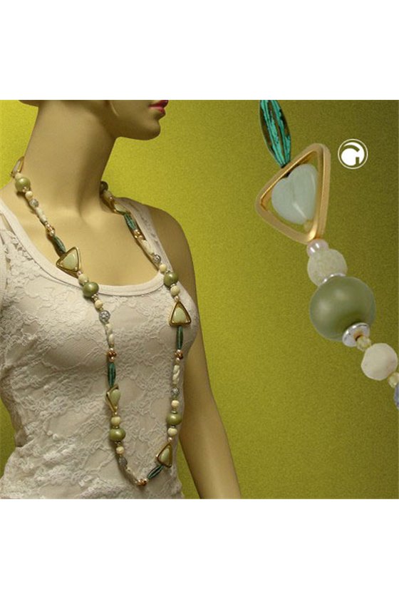 NECKLACE BEADS GREEN-PATINA-GOLD 110CM