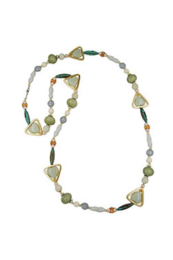 NECKLACE BEADS GREEN-PATINA-GOLD 110CM