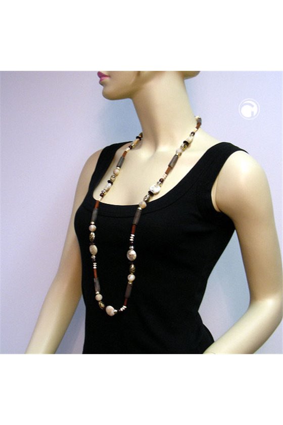 NECKLACE BEADS BEIGE-BROWN 110CM