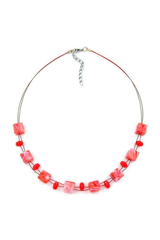 NECKLACE CUBE BEADS LIGHT RED MARBLED 45CM