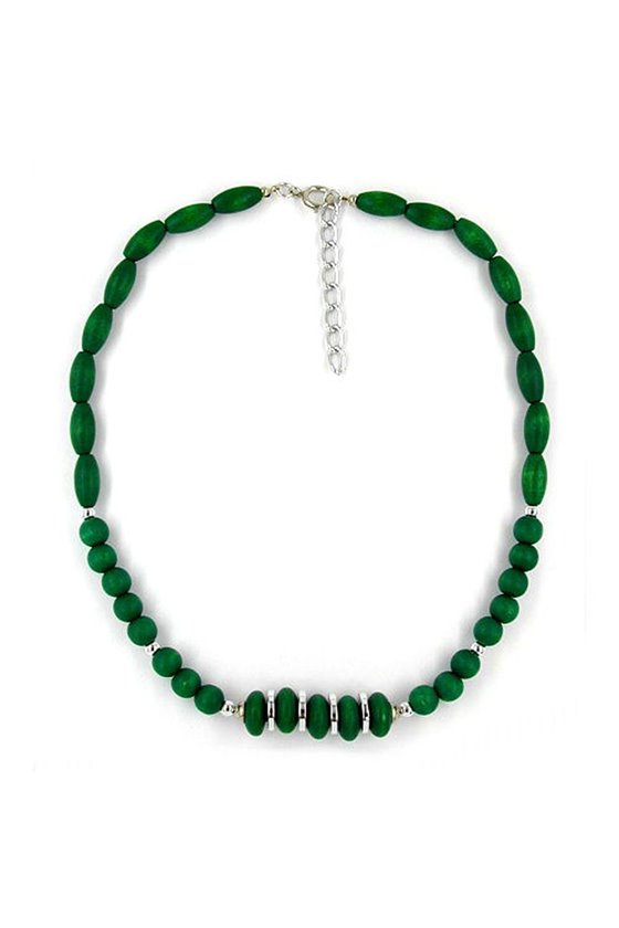 NECKLACE WOOD-BEAD GREEN SILVER