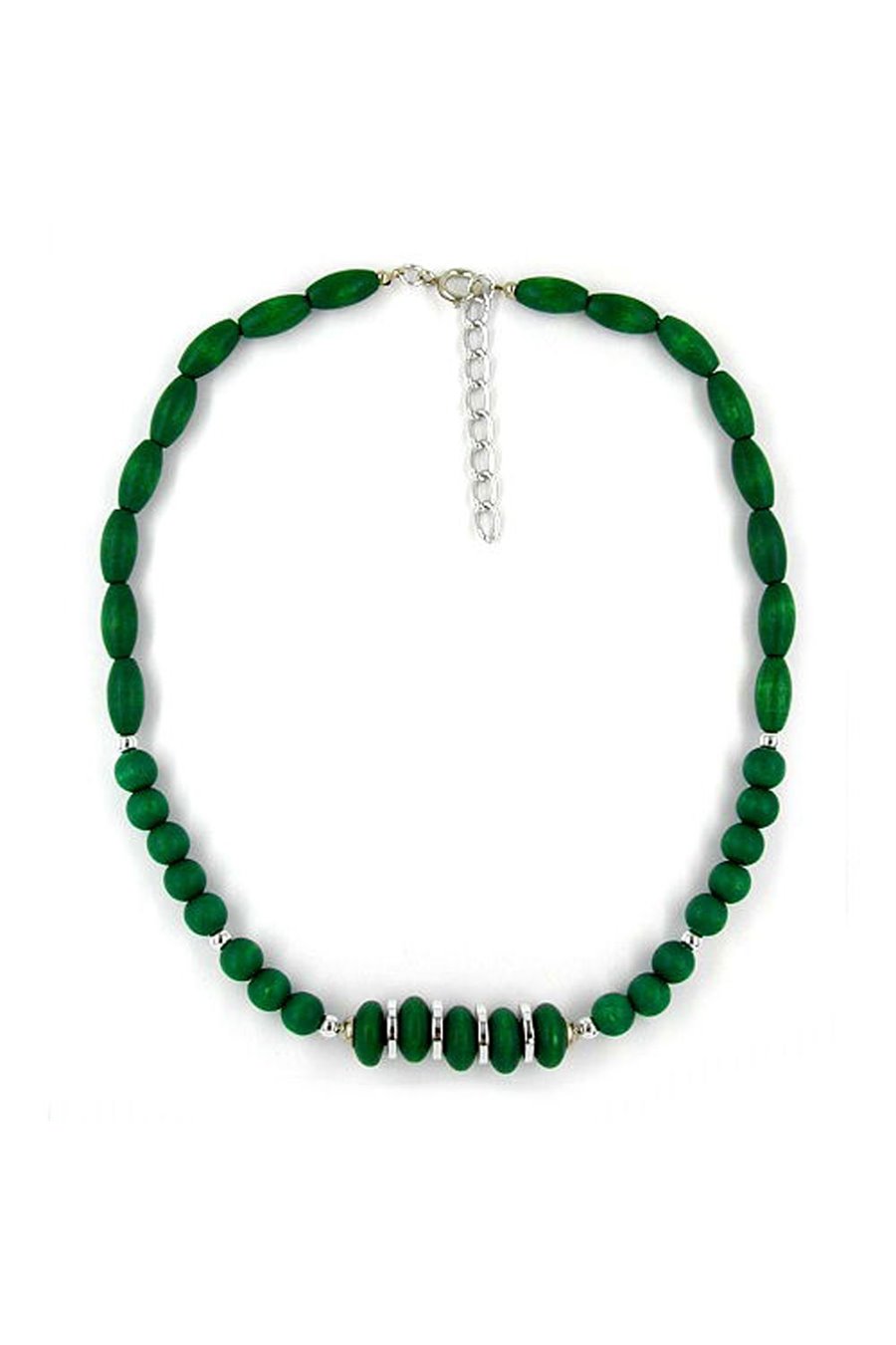NECKLACE WOOD-BEAD GREEN SILVER