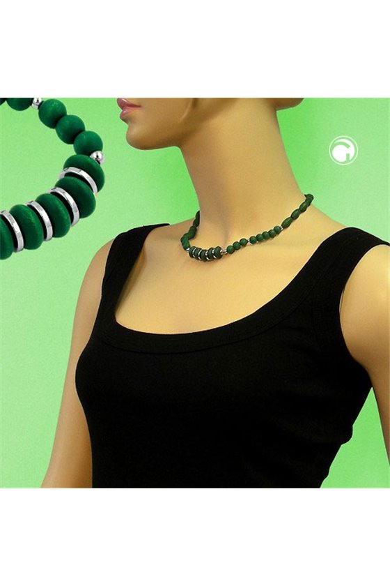 NECKLACE WOOD-BEAD GREEN SILVER