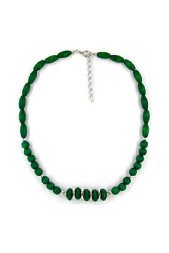 NECKLACE WOOD-BEAD GREEN SILVER