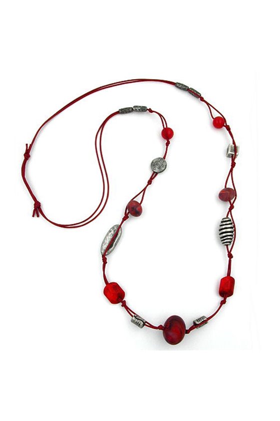 NECKLACE RED MARBLED ANTIQUE SILVER 100CM