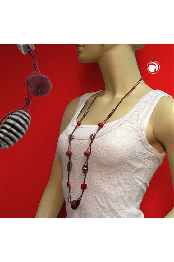 NECKLACE RED MARBLED ANTIQUE SILVER 100CM