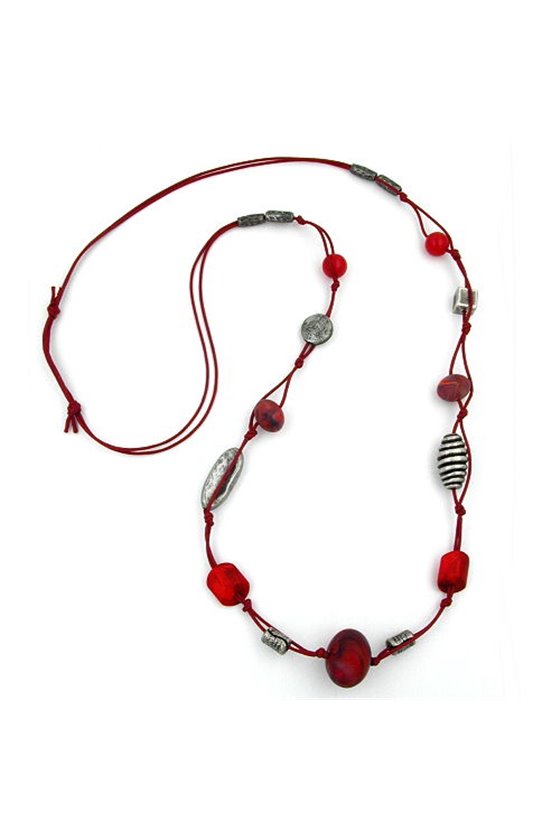 NECKLACE RED MARBLED ANTIQUE SILVER 100CM