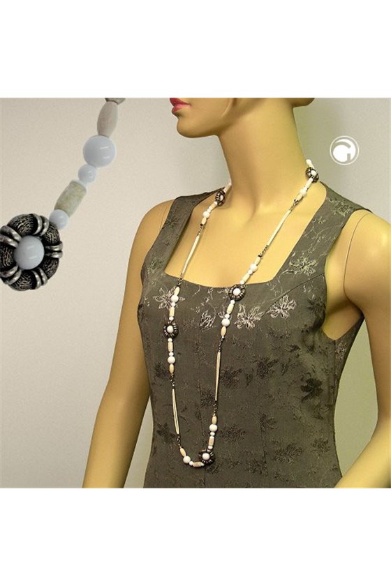 NECKLACE BEADS WHITE-SILVER-TONE 108CM