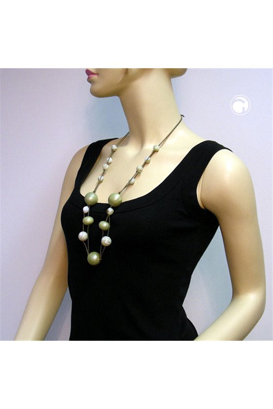 NECKLACE BEADS OLIVE-WHITE 90CM