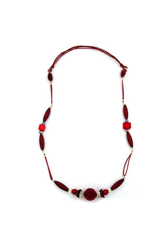 NECKLACE ROSETTE PEARL RED & DULL SILVER 90CM