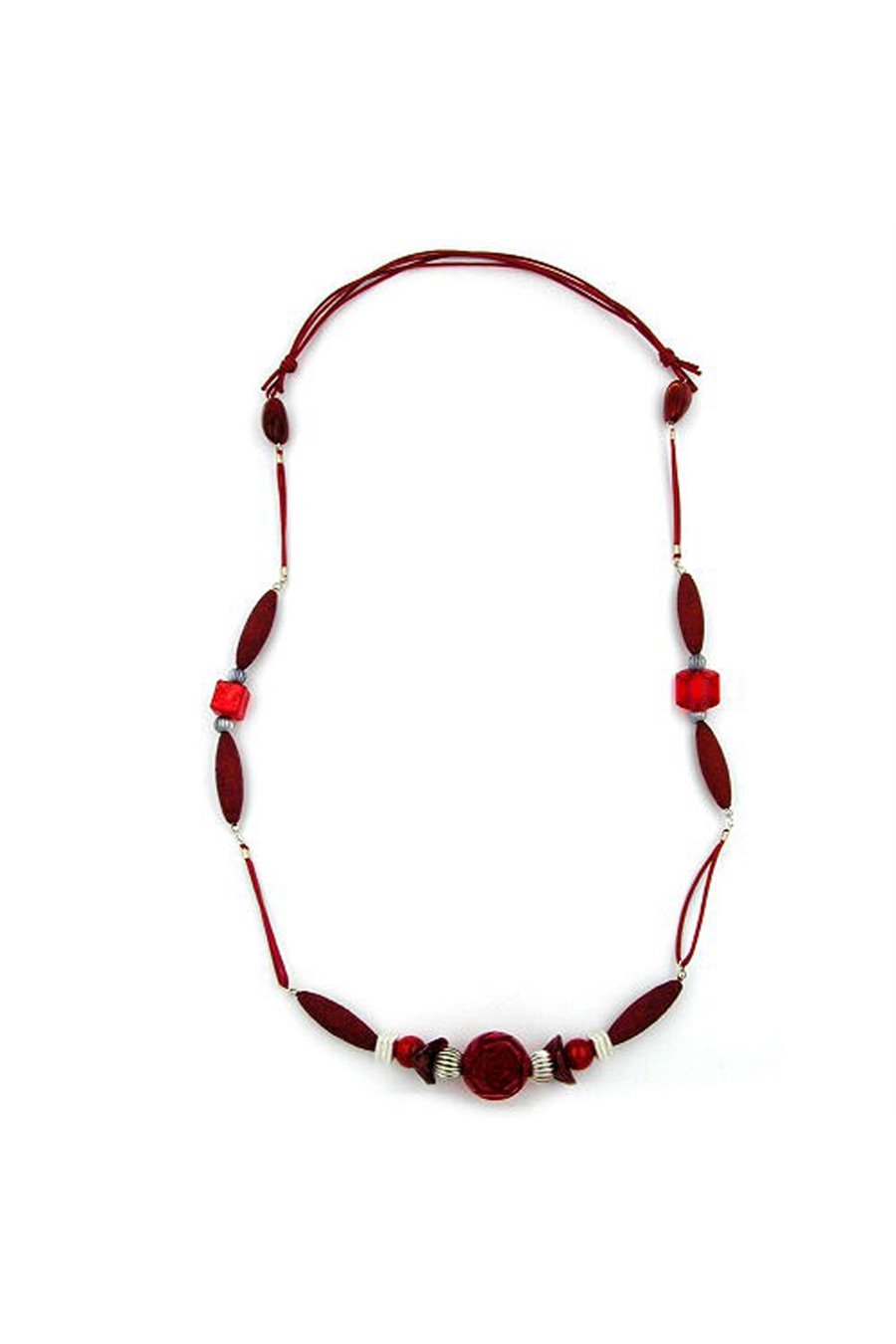 NECKLACE ROSETTE PEARL RED & DULL SILVER 90CM