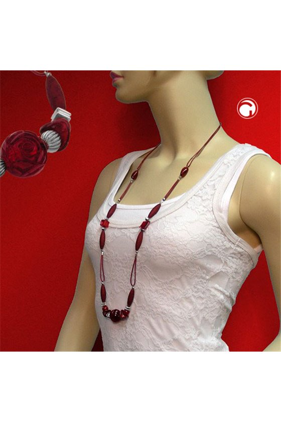 NECKLACE ROSETTE PEARL RED & DULL SILVER 90CM