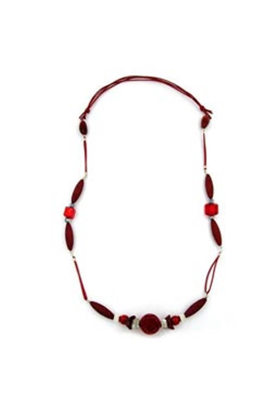NECKLACE ROSETTE PEARL RED & DULL SILVER 90CM
