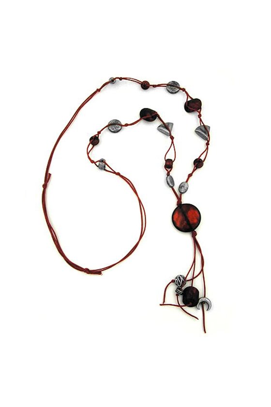 NECKLACE BORDEAUX DISK ANTIQUE SILVER 90CM