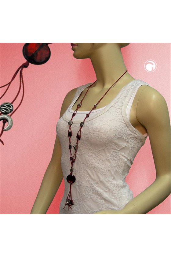 NECKLACE BORDEAUX DISK ANTIQUE SILVER 90CM