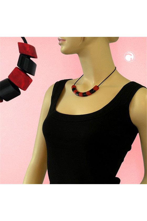 NECKLACE RED-BLACK BEADS 45CM