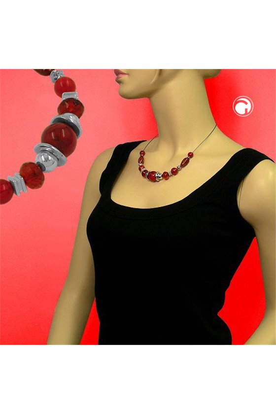 NECKLACE SILKY-RED BEADS ON COATED FLEXIBLE WIRE 50CM