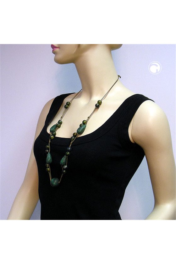NECKLACE BEADS GREEN-GOLD-TONE 90CM