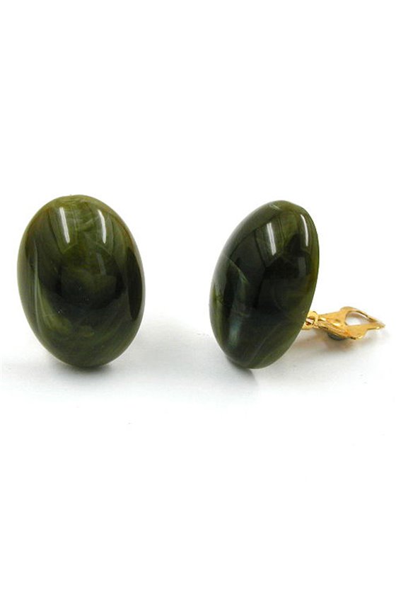 CLIP-ON EARRING OVAL GREEN OLIVE MARBLED