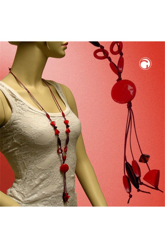 NECKLACE PLATE& BEADS RED 90CM