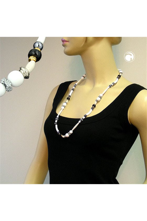 NECKLACE BEADS WHITE-BLACK-GREY 75CM